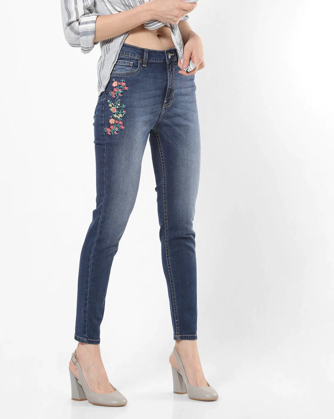 Calças de Jeans de Denim Stretch para Mulheres com Cintura Média