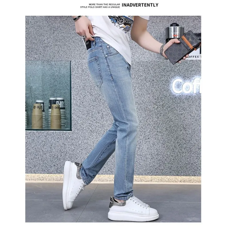 Calças Jeans Casuais Slim Fit para Homens de Cintura Alta Respirável Clássicas Estilo Hip Hop Cinza Carvão Letra Outono Verão Primavera