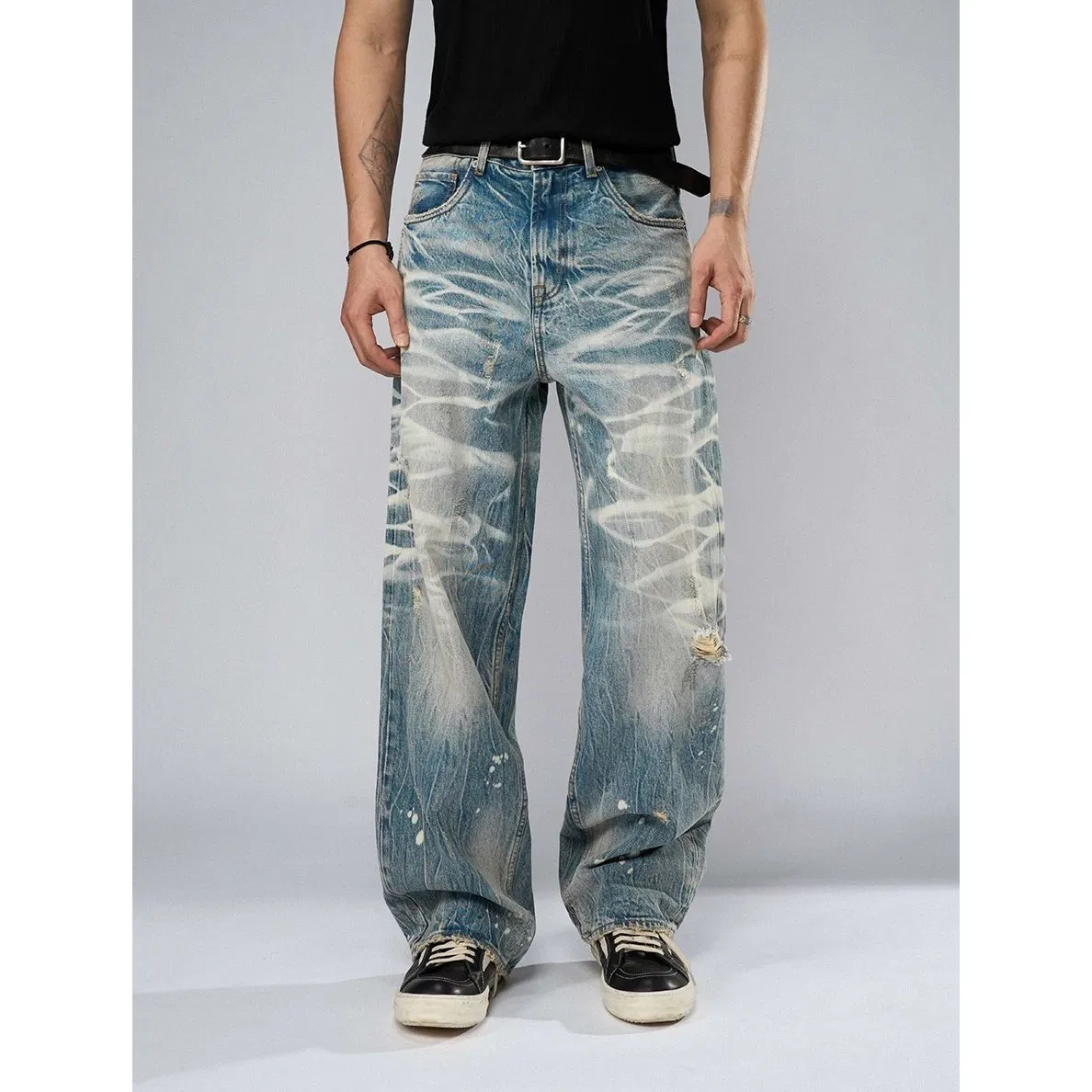Calças Jeans Masculinas Tendência Rua Desgastadas Gradiente Largas Retas