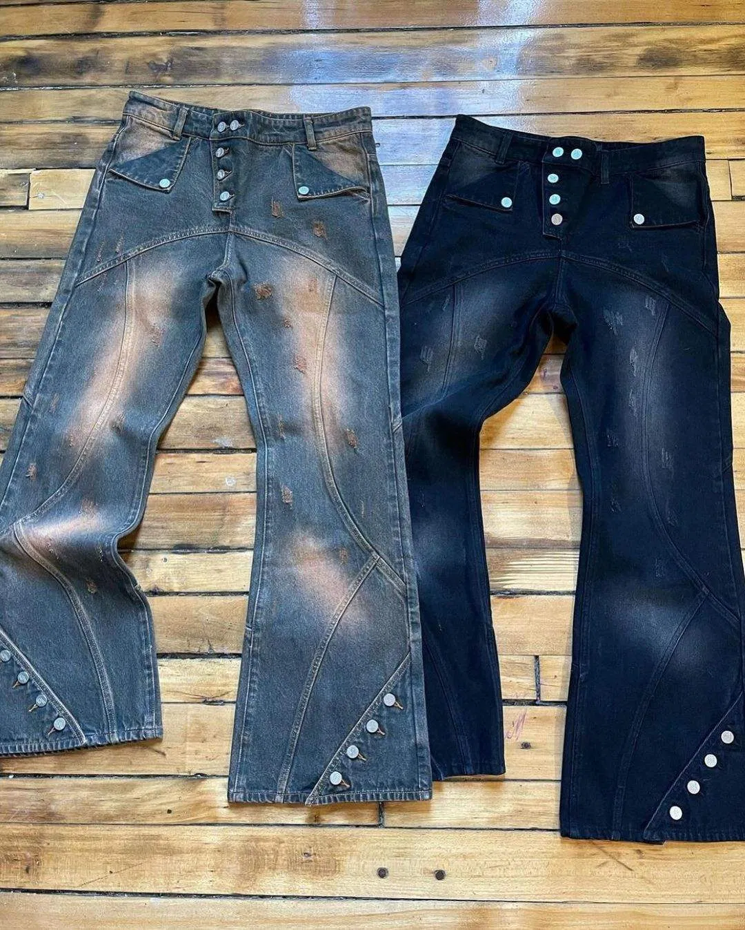 Calças Flare Plus Size Masculinas Retorno Lavadas Streetwear Hip Hop Botão Jeans de Denim Alta Qualidade para Homens