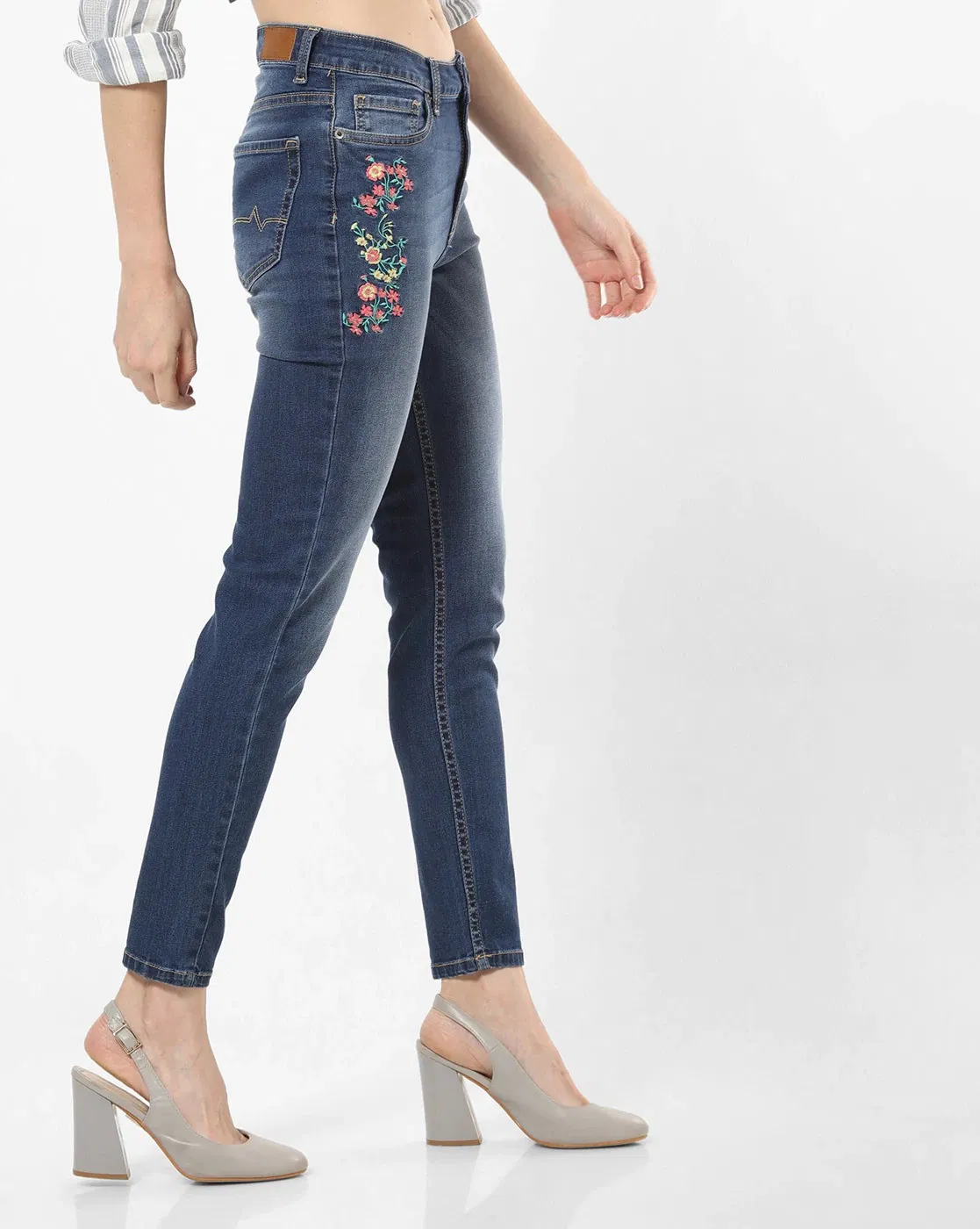 Calças de Jeans de Denim Stretch para Mulheres com Cintura Média