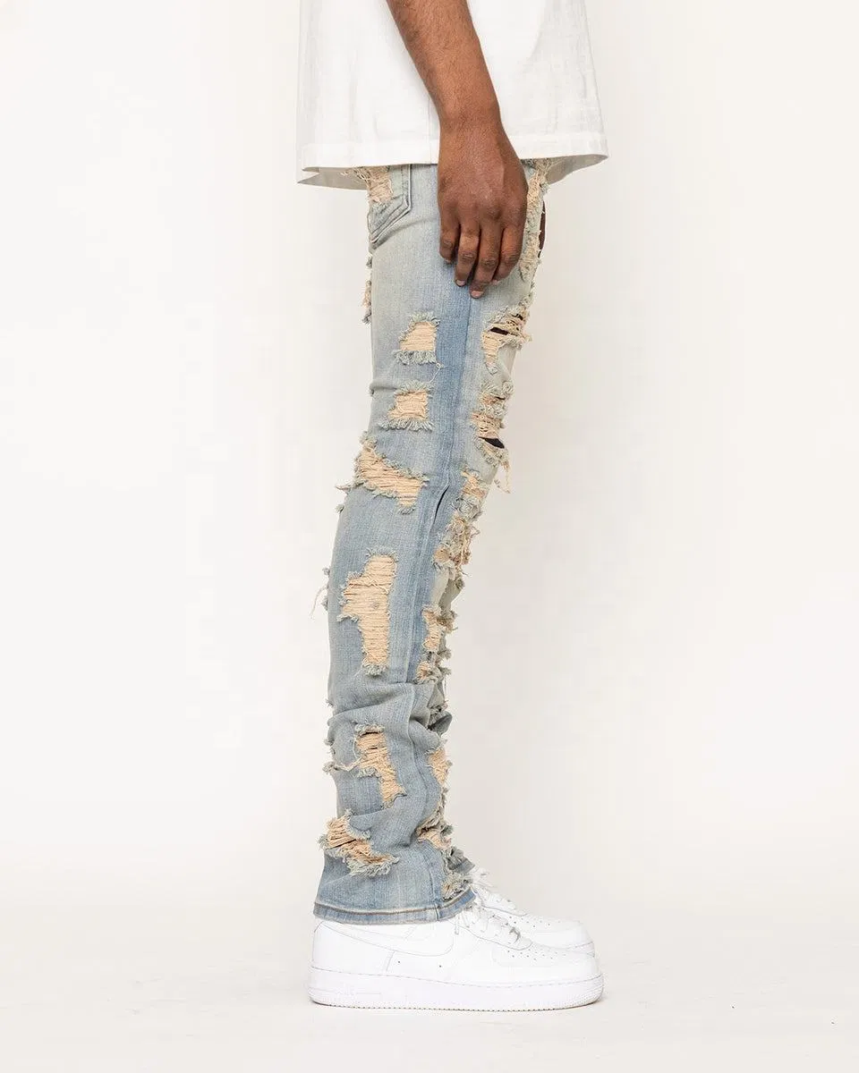 Calças jeans empilhadas rasgadas vintage para homens