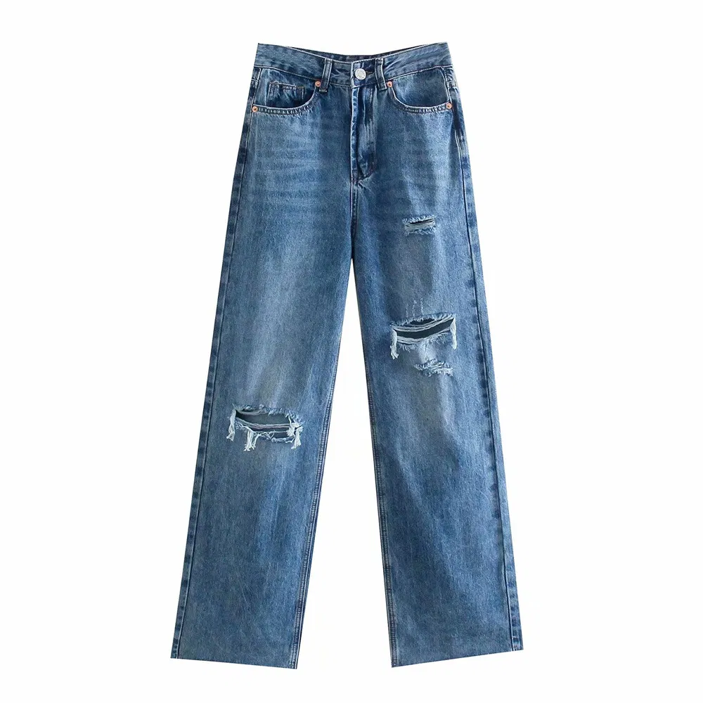 Personalize Calças de Denim Soltas para Mulheres da Nova Moda, Cintura Alta, Lavadas, Rasgadas em Algodão Y2K Jeans