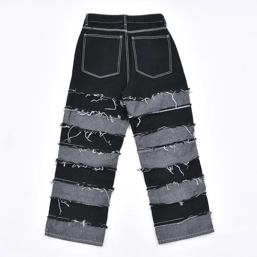 Calças jeans skinny de denim preto em patchwork listrado com acetato para homens