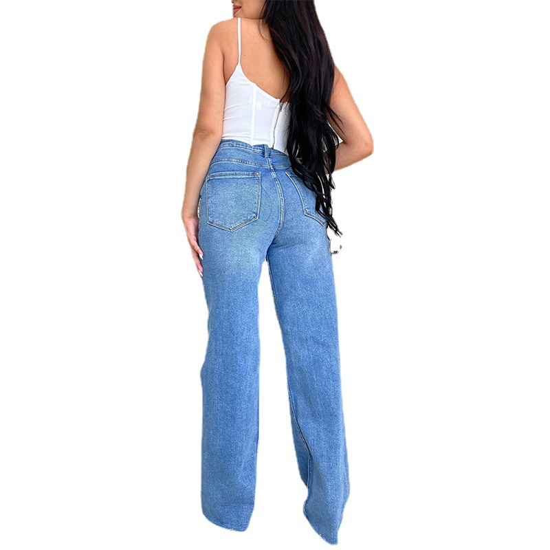 Calças de Jeans Femininas Atacado, Calças para Mulheres, Jeans Rasgado com Barra Desfiada, Moda Feminina, Jeans Baggy