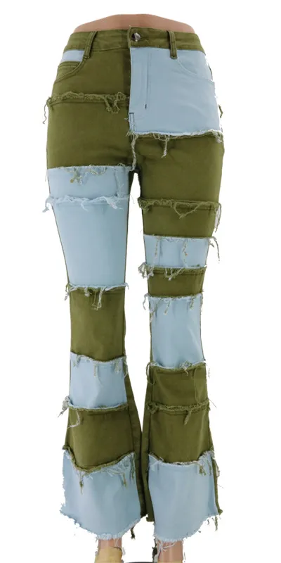Calças Flare Femininas de Cintura Alta com Barra Desfiada, Jeans de Denim Skinny
