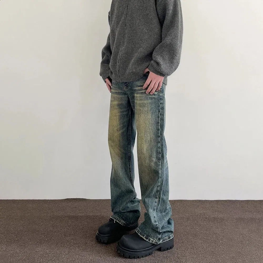 Y2K Calças Jeans Baggy Vintage Azul Desgastadas para Homens - Calças Casuais de Perna Reta para Outono Inverno - Calças de Denim Largadas 240911