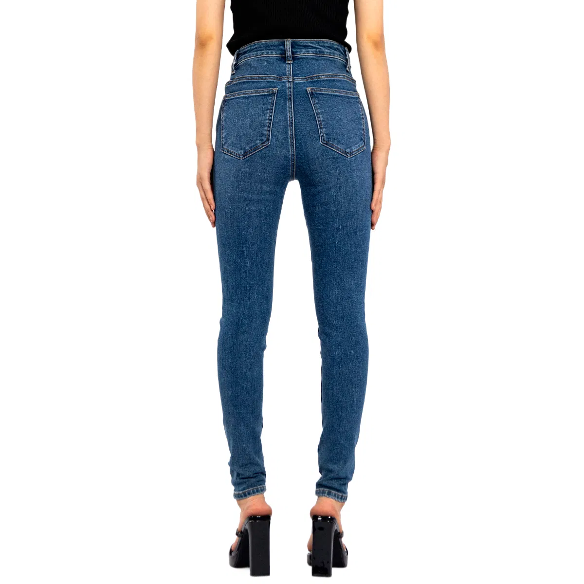 Calças Jeans de Denim Escuro Sub Clássico de Cintura Alta Stretch Skinny para Mulheres