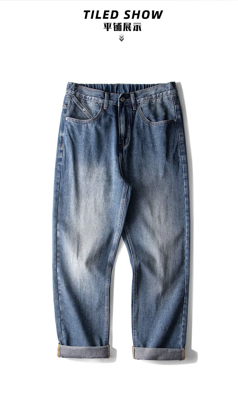 Calças largas versáteis de drapeado para homens estilo americano, tamanho grande, jeans vintage lavados estilo japonês