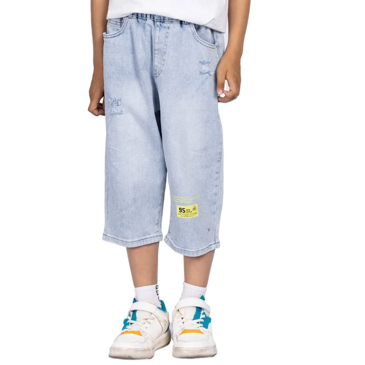 Calças infantis de algodão macio, denim lavado, azul claro, nove pontos de verão personalizadas