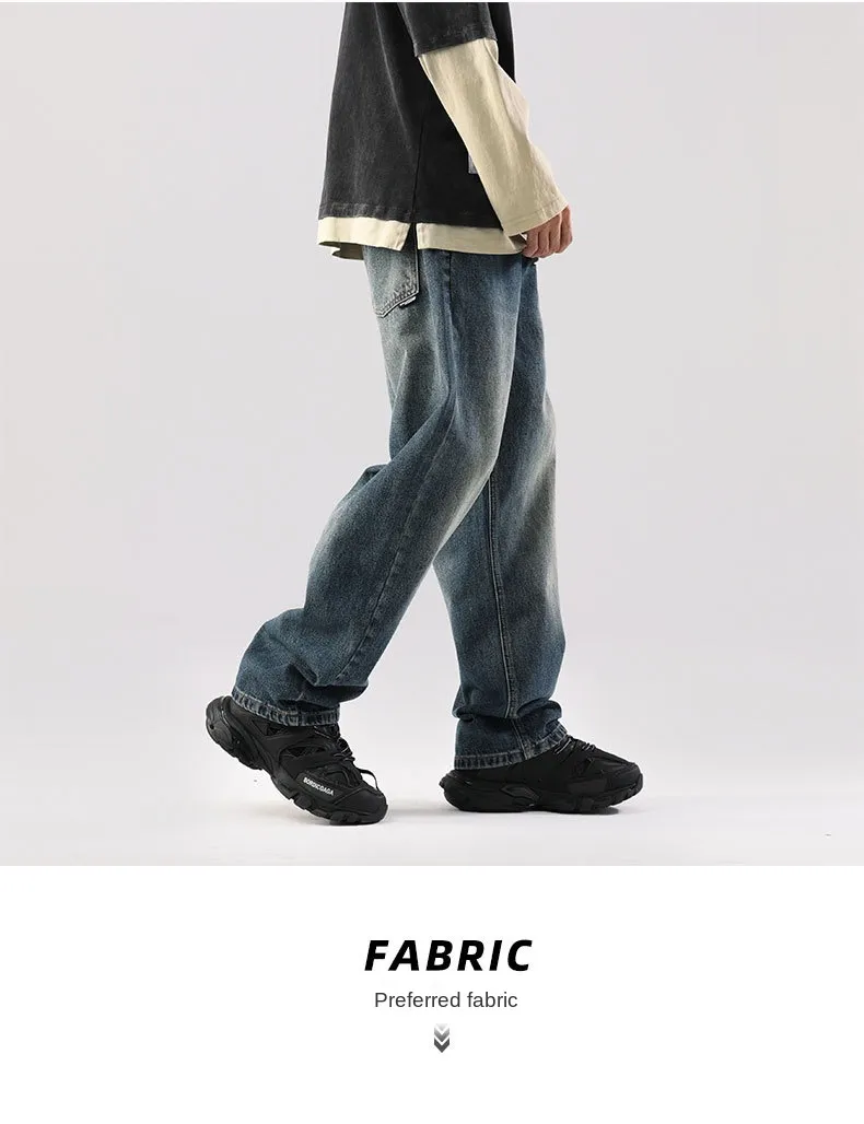 Calças largas versáteis de drapeado para homens estilo americano, tamanho grande, jeans vintage lavados estilo japonês