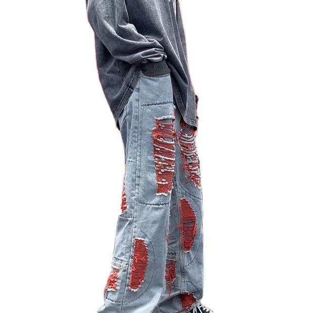 Calças de Denim Flare com Buracos em Patchwork Vermelho, Jeans Soltos para Homens, Personalizados de Fábrica, Estilo Hip-Hop de Alta Rua, Jeans de Designer de Alta Qualidade para Homens