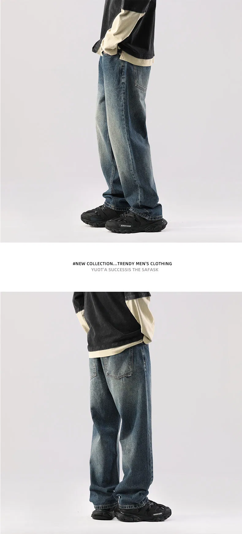 Calças largas versáteis de drapeado para homens estilo americano, tamanho grande, jeans vintage lavados estilo japonês
