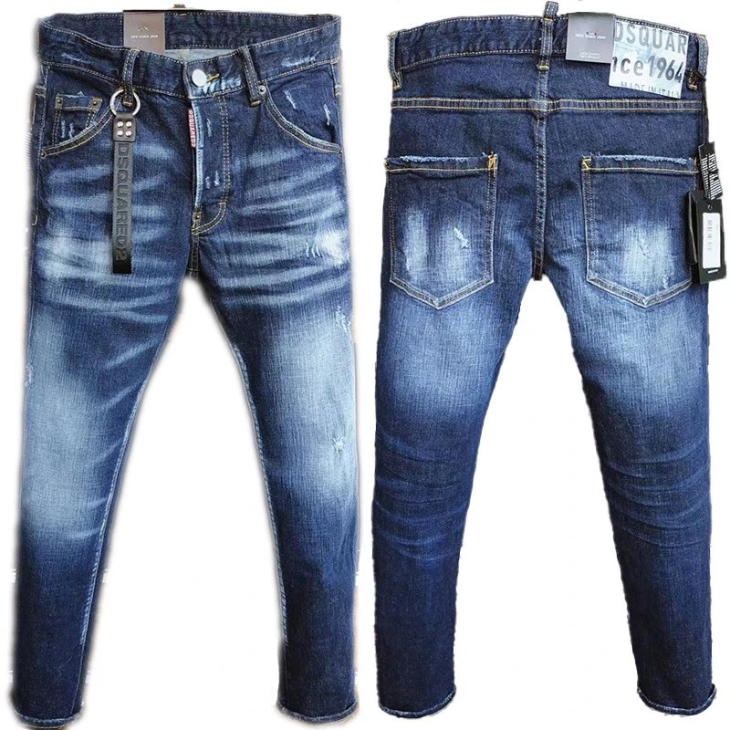 Calças masculinas de estilo punk europeu-americano, bordadas, desgastadas, pintadas, com elástico, de perna reta e comprimento até o tornozelo, tendência