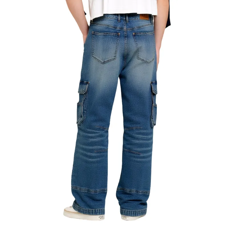 Fabricante Chinês Personalizado Calças Jeans Cargo Masculinas Azuis Largas com Grandes Bolsos Laterais Calças Longas