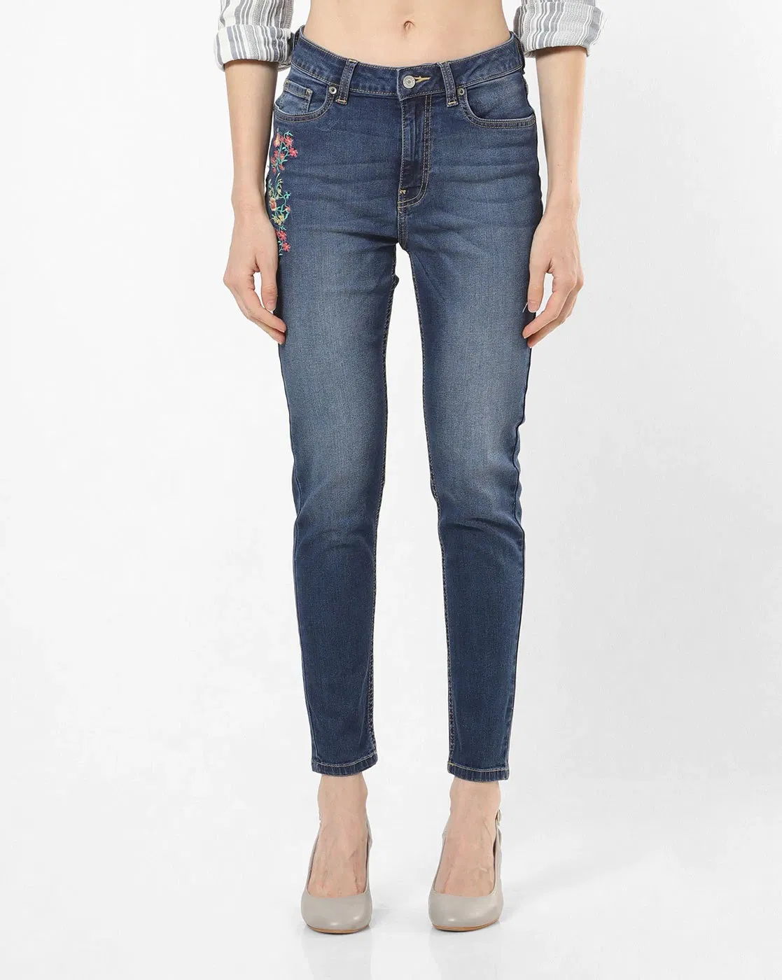 Calças de Jeans de Denim Stretch para Mulheres com Cintura Média