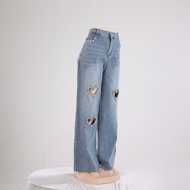 Calças de Jeans Femininas Ripped Slim Sexy com Padrão em Forma de Coração para Mulheres com Perna Reta
