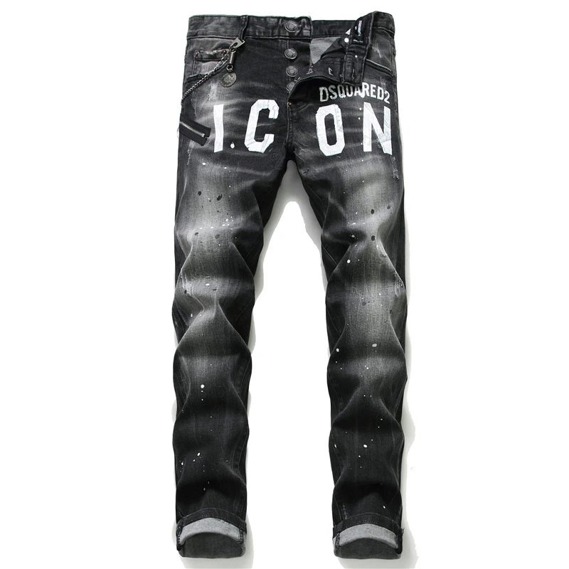 Calças masculinas de estilo punk europeu-americano, bordadas, desgastadas, pintadas, com elástico, de perna reta e comprimento até o tornozelo, tendência