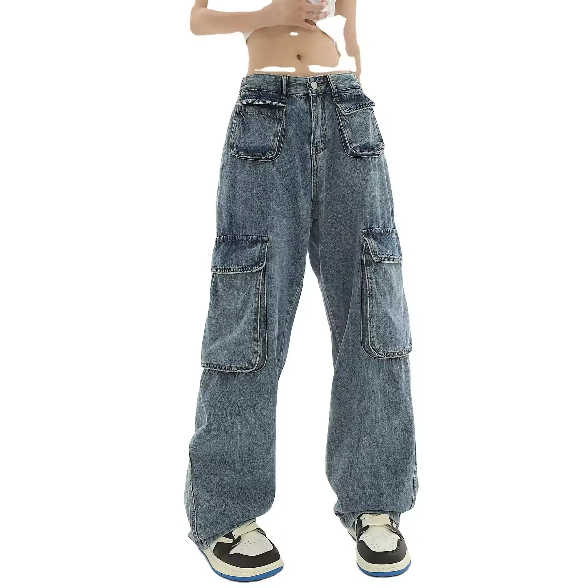 Calças jeans desgastadas, desfiadas e largas para mulheres, com múltiplos bolsos, estilo reto e solto, tendência hip-hop, respirável