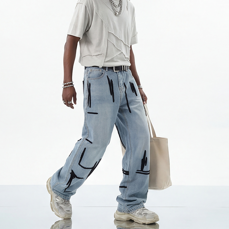Fabricante de Jeans de Denim Masculino por Atacado Extra Largo Lavagem Enzimática Selvedge Algodão Barra Desfiada Lixado à Mão Mercado Ocidental Atacado Exportação OEM ODM Logotipo Personalizado