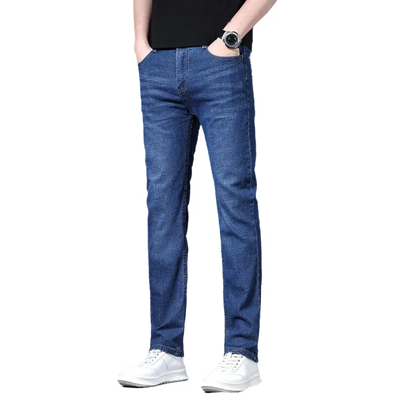 Calças Versáteis Personalizadas para Homens Atacado Moda Lazer Stretch Jeans de Denim Azul Casual Lavado
