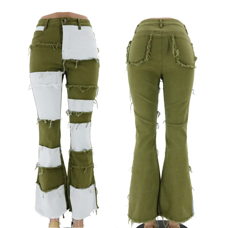 Calças Flare Femininas de Cintura Alta com Barra Desfiada, Jeans de Denim Skinny