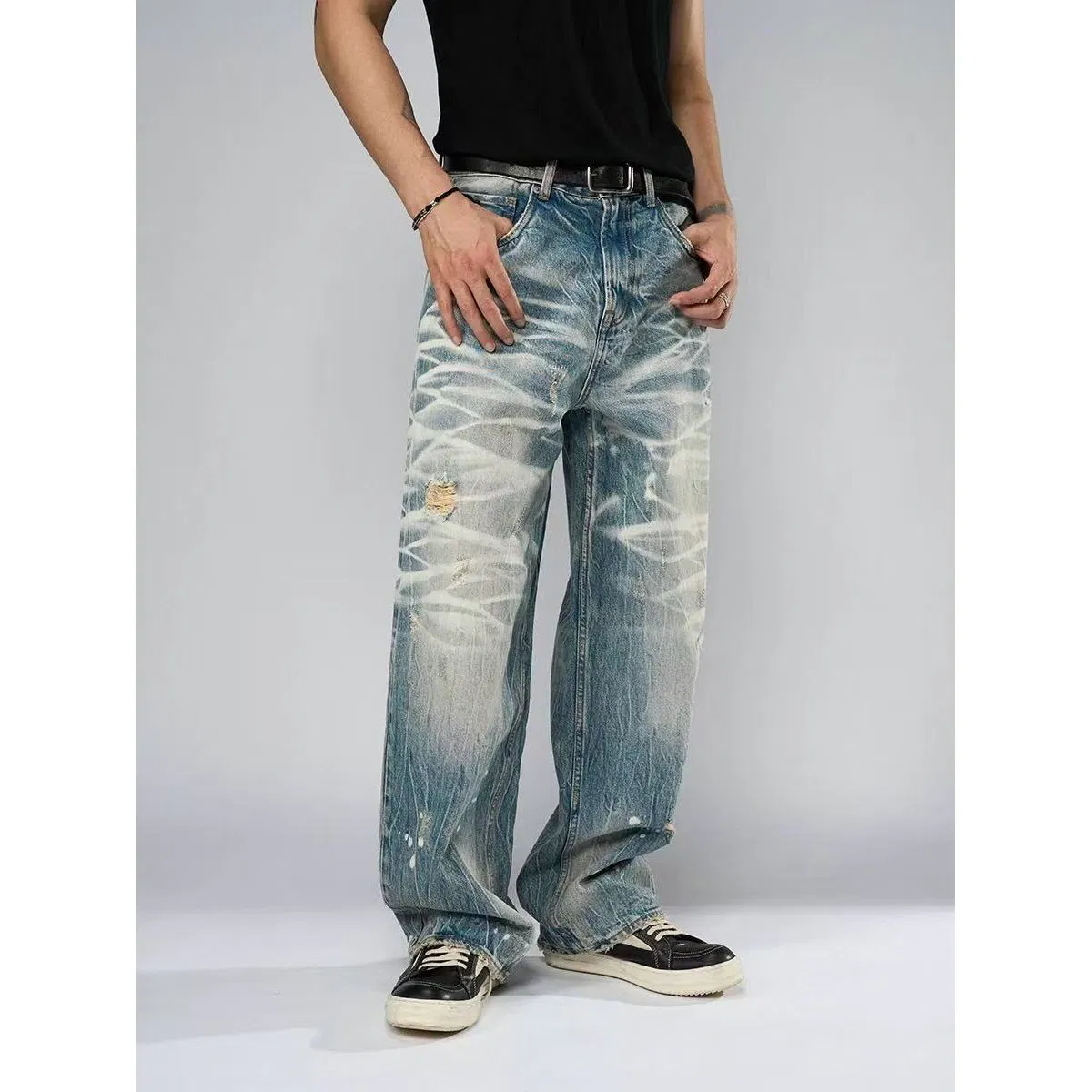 Calças Jeans Masculinas Tendência Rua Desgastadas Gradiente Largas Retas