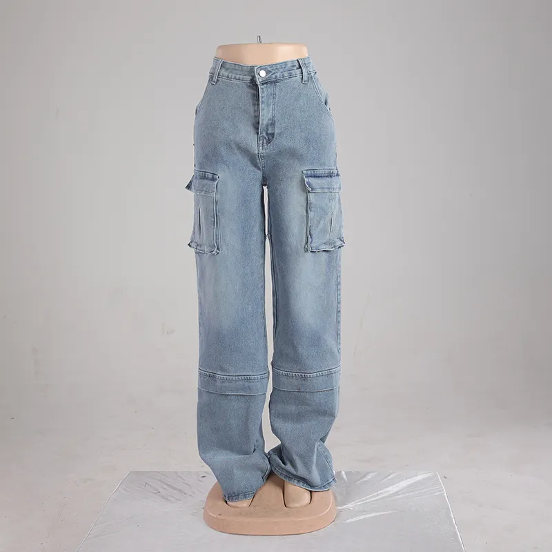 Calças femininas de estilo hip hop, design único e estilo de gêmeos, moda tendência, jeans de denim retro com múltiplos bolsos