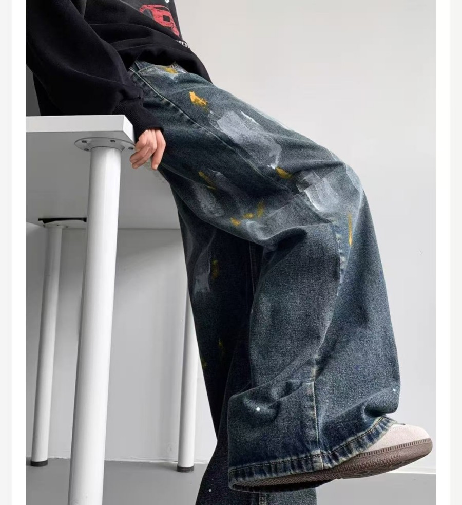 Calças Jeans de Moda por Atacado, Jeans Reto Desenhados à Mão para Homens, Calças Jeans Baggy Azuis de Cintura Média