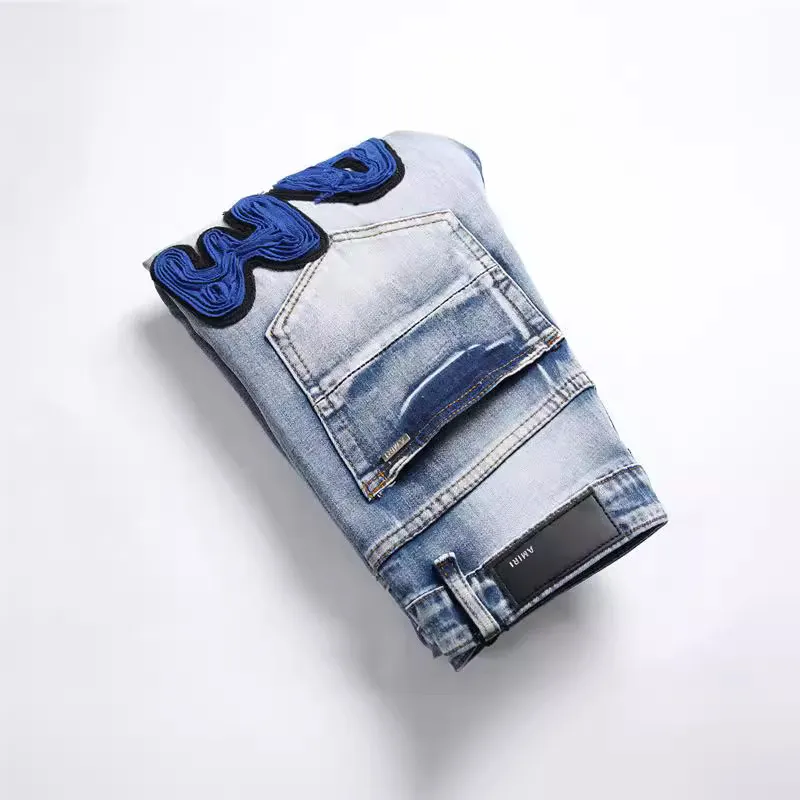 Calças masculinas jeans azul claro, tendência, elástico, slim, moda, calças masculinas Amir