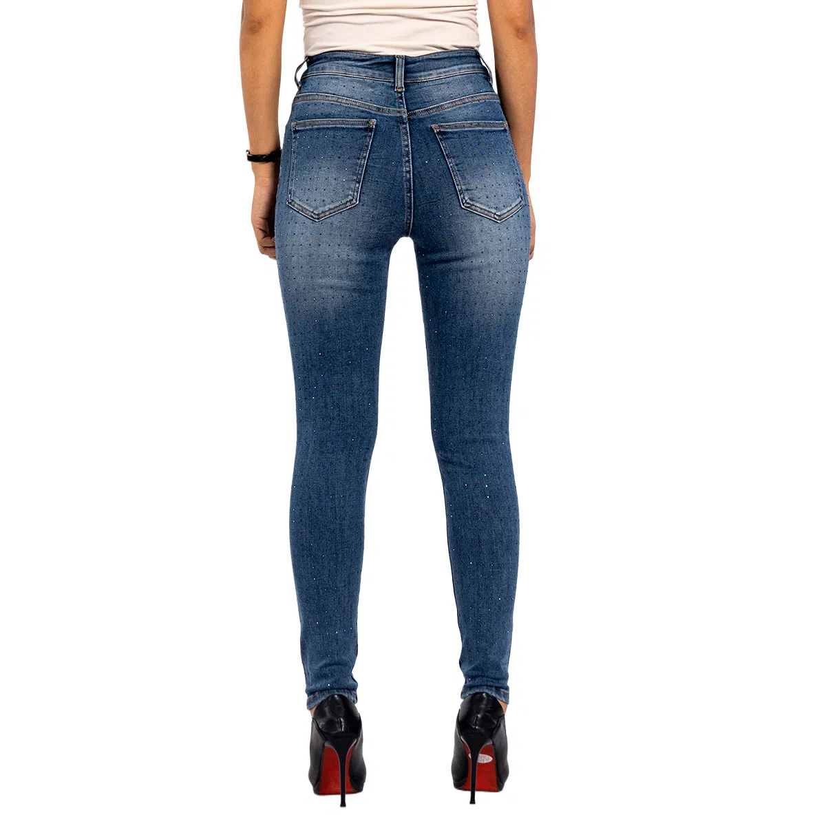 Calças de Denim Casuais Azul Marinho com Lantejoulas Skinny de Cintura Alta para Mulheres Trendy