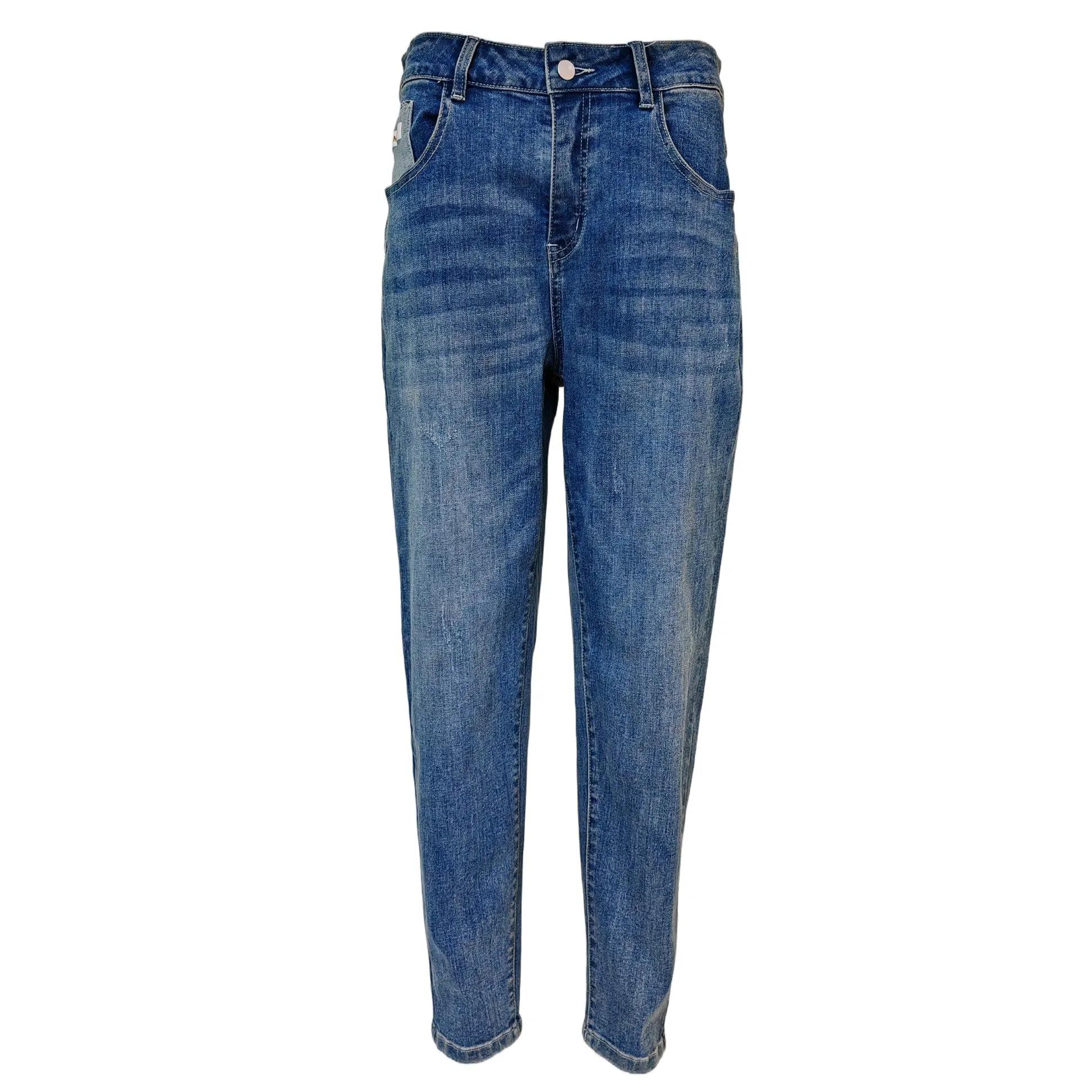 Calças de Jeans Relaxadas Tapered Azuis para Mulheres com Lavagem Desgastada Casual