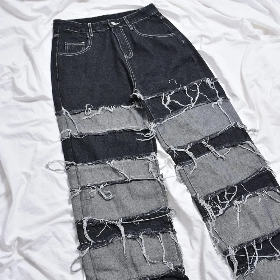 Calças jeans skinny de denim preto em patchwork listrado com acetato para homens