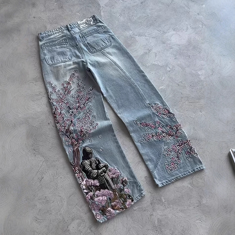 Jeans de Denim Masculinos Vintage Oversized de Perna Reta Acid Wash Azul 3D-Embroidered de Alta Qualidade por Atacado Hip-Hop