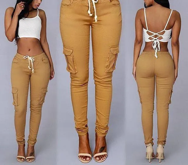 Calças Legging de Moda para Mulheres com Cordão Casual Cintura Alta Cargo Tamanho Plus Calças Longas