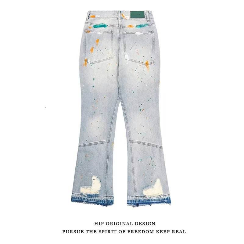 Calças de Tecido Splash-Ink de Hip Hop Retro Americana para Homens, Soltas, Retas e Micro Flare