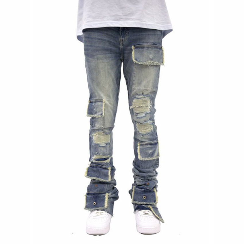 Fábrica de Atacado Personalizada Calças Jeans Skinny Masculinas Desgastadas Rasgadas Moda Homme Calças Jeans Designer Masculinas com Logo
