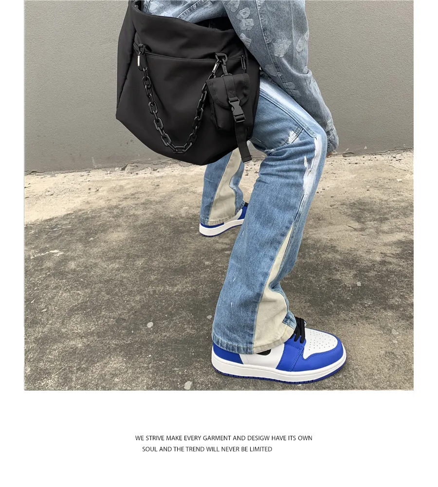 Calça Jeans Masculina Micro Flare com Pintura Desgastada à Mão e Costura, Estilo Personalidade, Corte Reto e Solto em Denim
