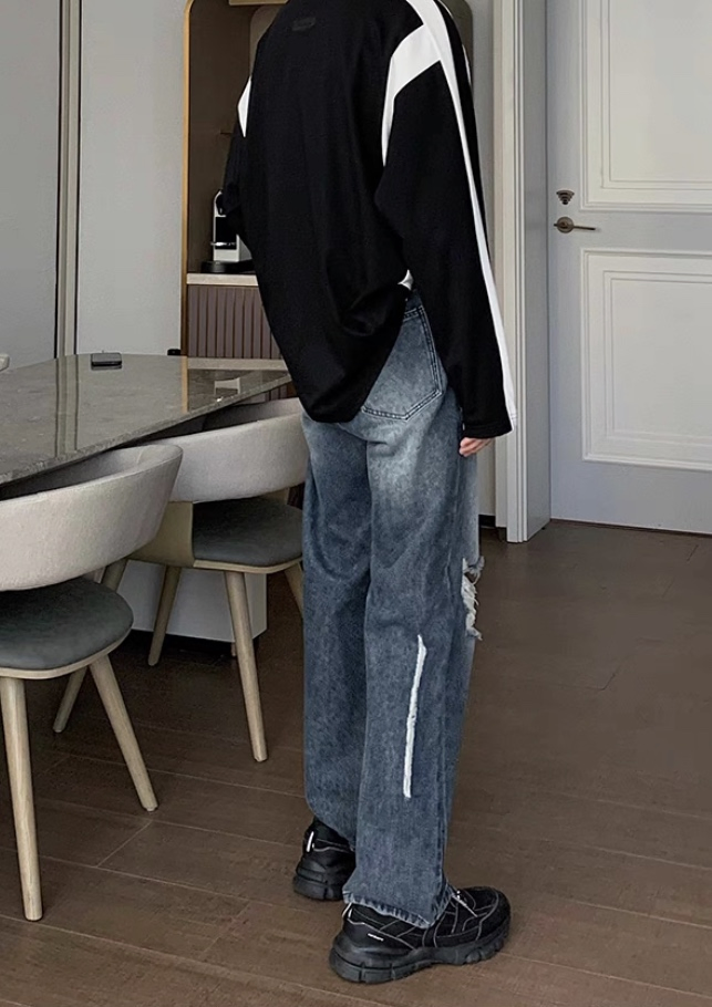 Jeans Masculinos Estilosos e Quentes, Cintura Média, Lavagem Solta, Design com Rasgos no Joelho para Uso Casual de Rua