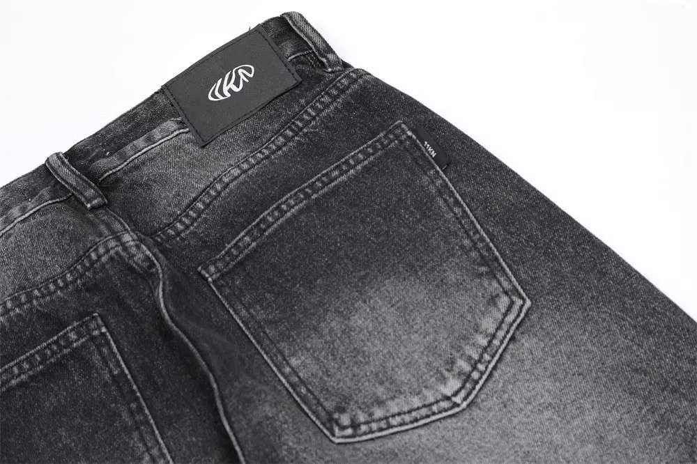 Calça casual masculina preta de algodão solta e larga, calça jeans denim original de fábrica