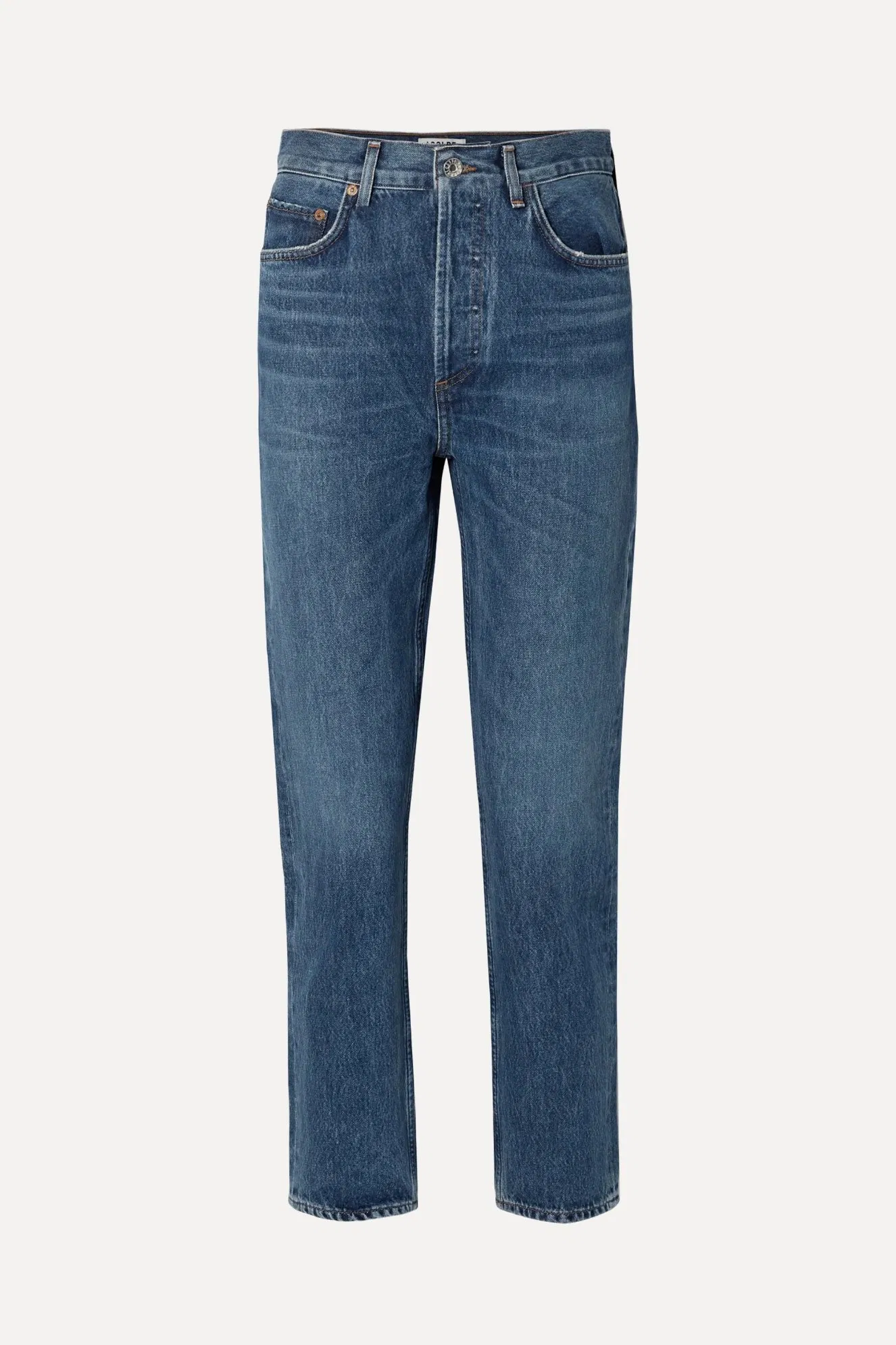 Calças de denim azul médio femininas com corte relaxado