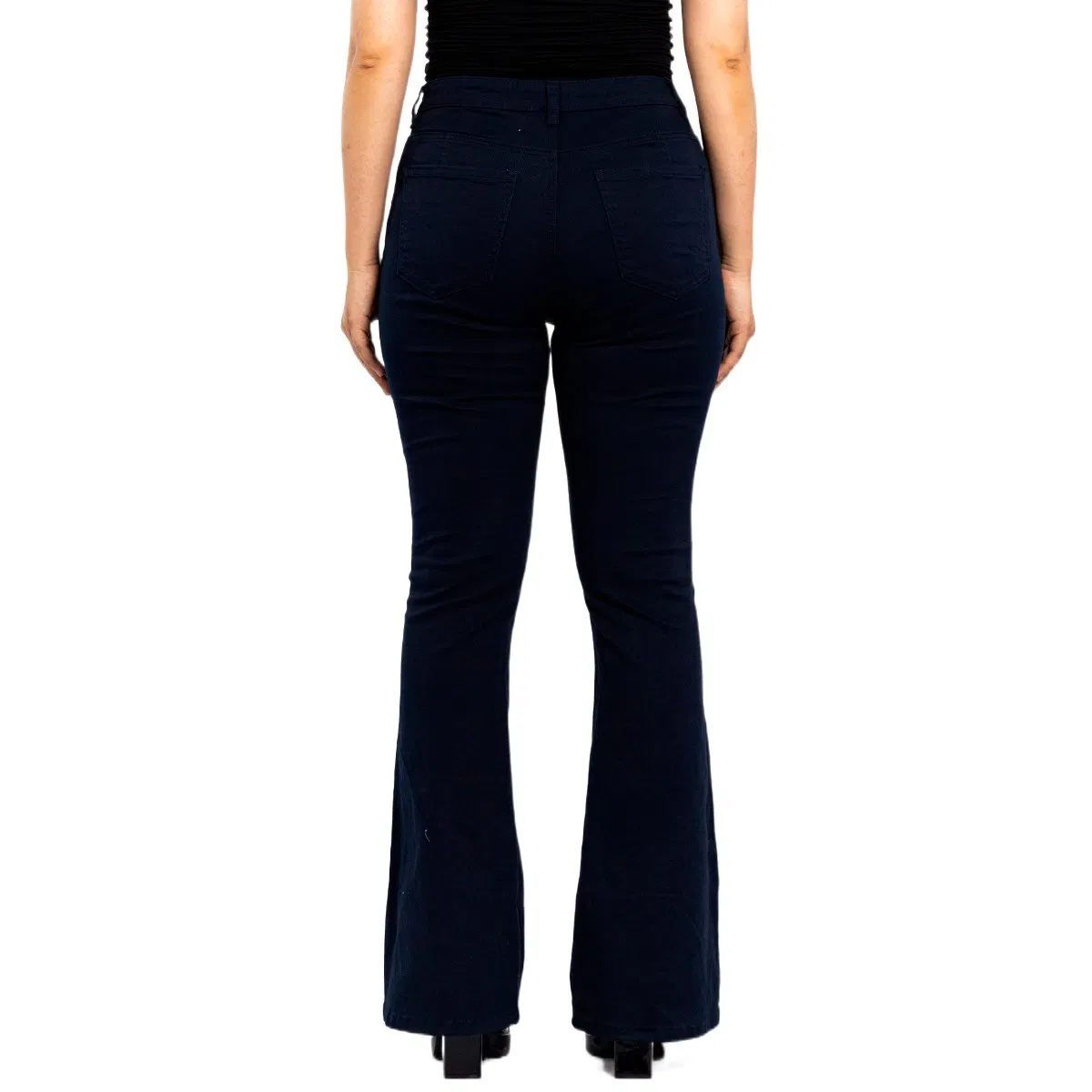 Calças casuais skinny flare azul escuro de dois botões para mulheres
