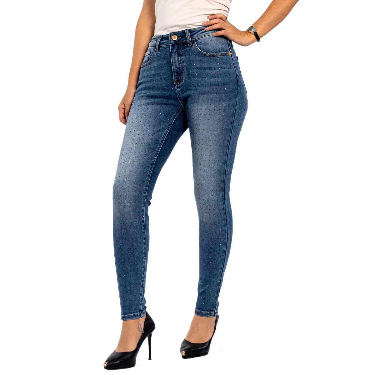 Calças de Denim Casuais Azul Marinho com Lantejoulas Skinny de Cintura Alta para Mulheres Trendy