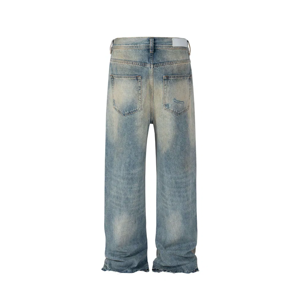 Calças jeans masculinas baggy de flare plus size, com aplicação de resina azul vintage, lavagem à mão e acabamento desgastado