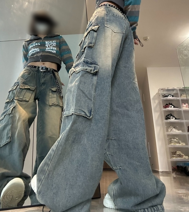 Calças femininas largas de cintura baixa para carga oversized, personalizadas, com múltiplos bolsos, jeans baggy de streetwear