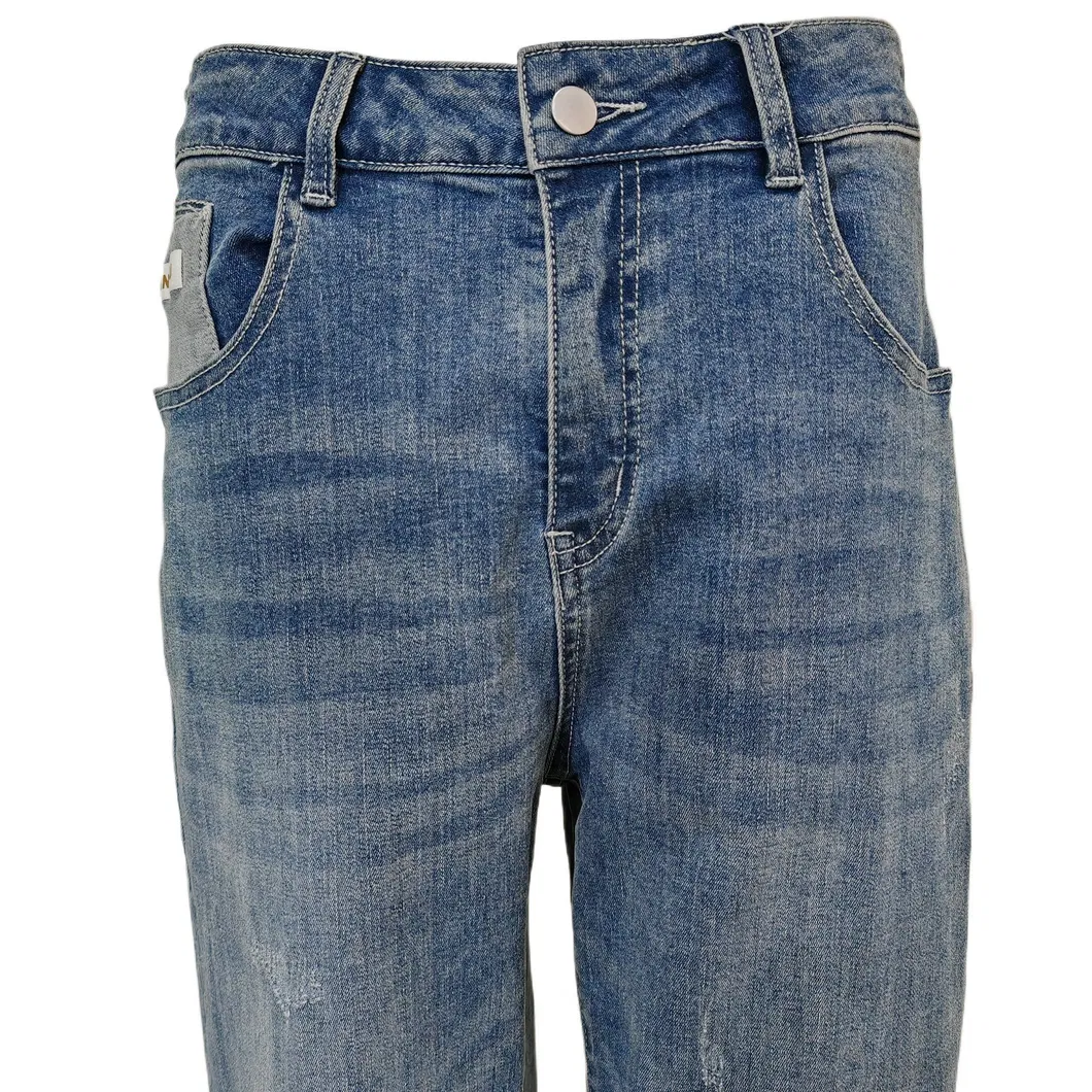 Calças de Jeans Relaxadas Tapered Azuis para Mulheres com Lavagem Desgastada Casual