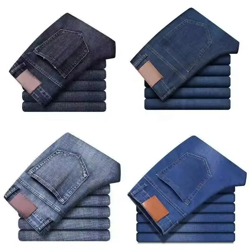 Calças Jeans Masculinas Slimming de Tecido Denim Stretch com Corte Reto e Estilo Casual de Negócios Desgastadas