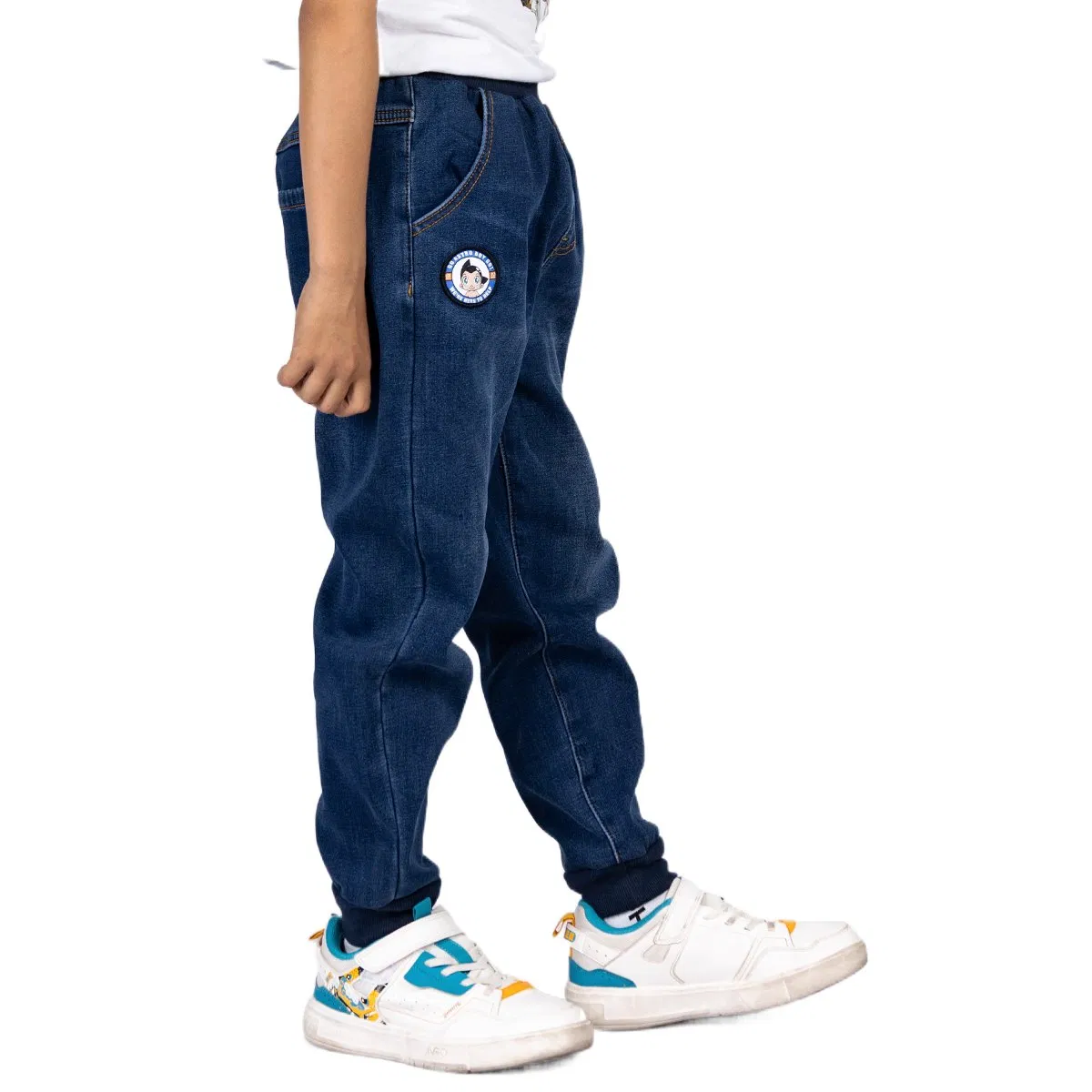 Jeans de denim azul casuais para crianças, ajuste regular, moda personalizada