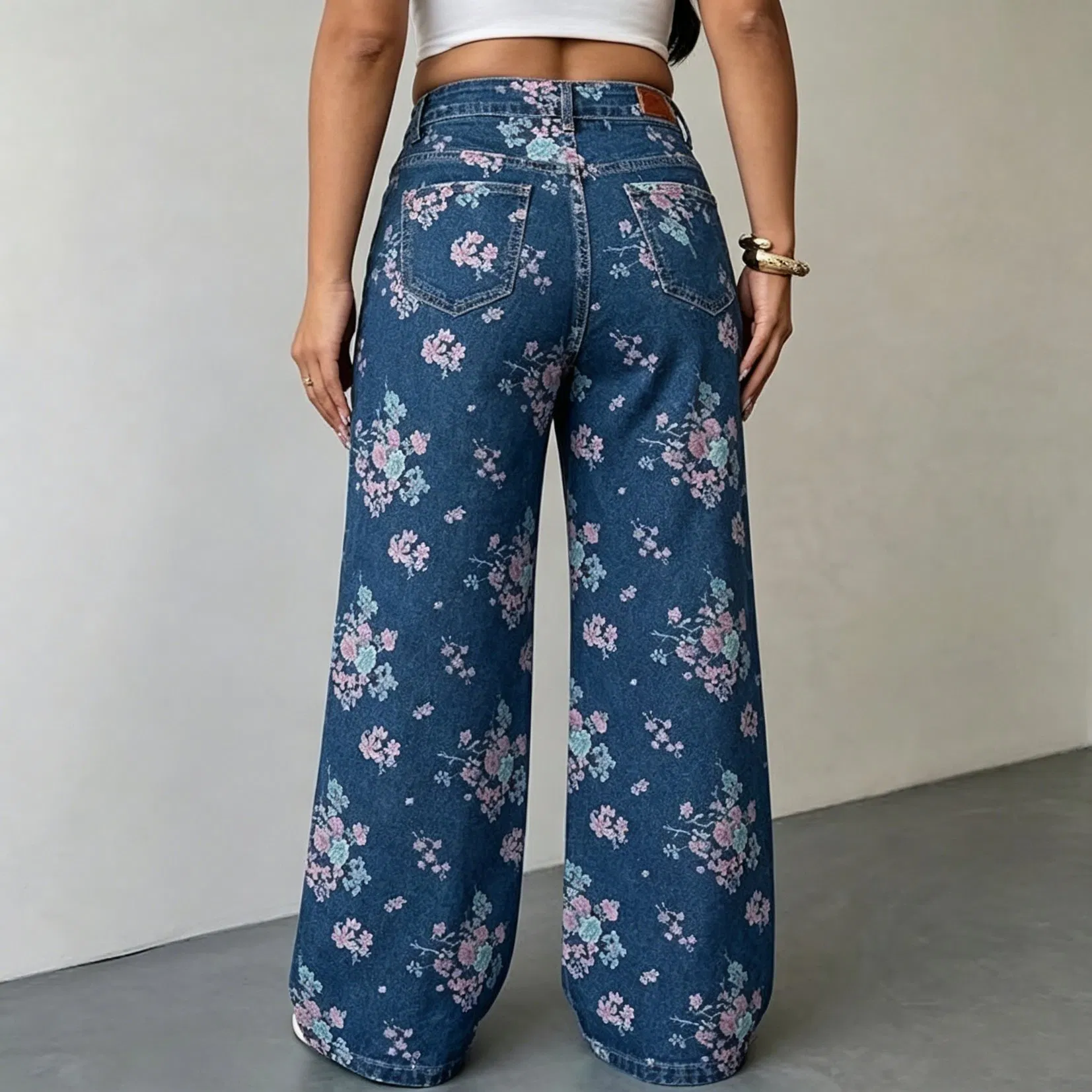 Calças de Jeans de Cintura Alta com Estampa Floral, Largura Larga, Soltas e Elegantes, Comprimento até o Chão, Jeans de Denim
