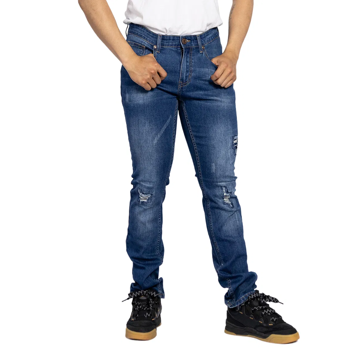 Jeans masculinos skinny de algodão macio personalizado, tecido de denim azul lavado e rasgado